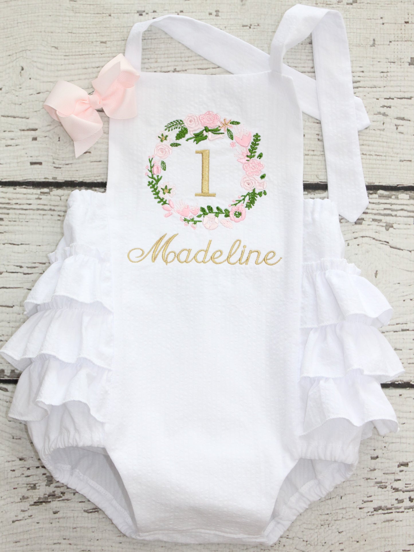 Monogrammed Floral Birthday Ruffle Bubble, First Birthday Pink and Gold Floral Outfit