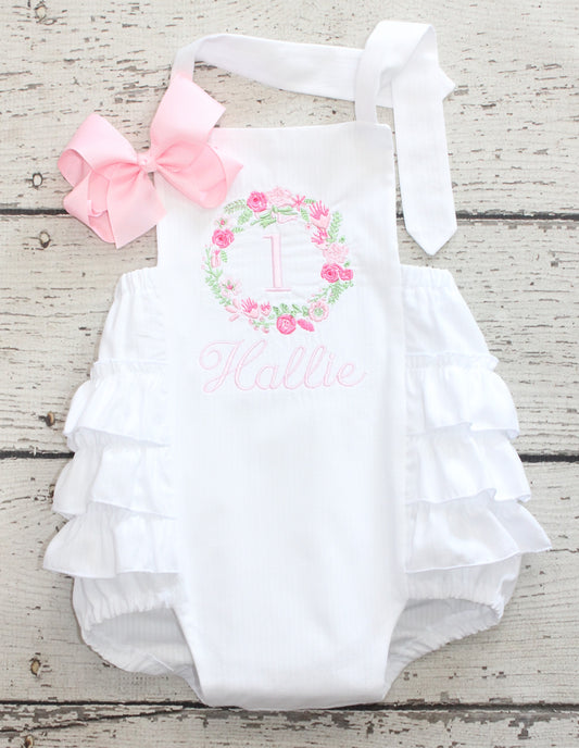 Monogrammed Floral Birthday Ruffle Bubble, First Birthday Pink Floral Outfit