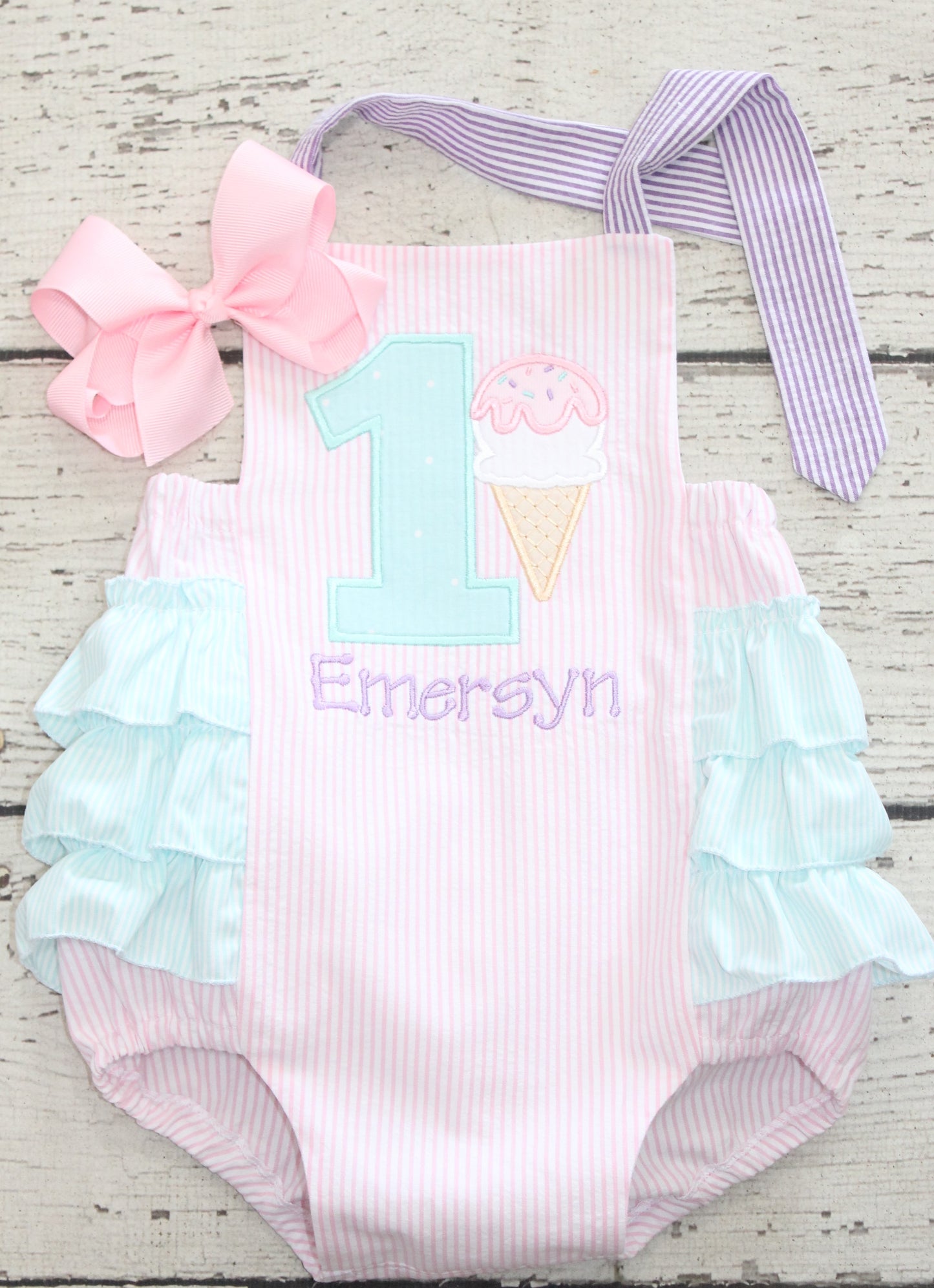 Monogrammed Ice Cream Ruffle Bubble, Pink and Mint Ice Cream Birthday Outfit