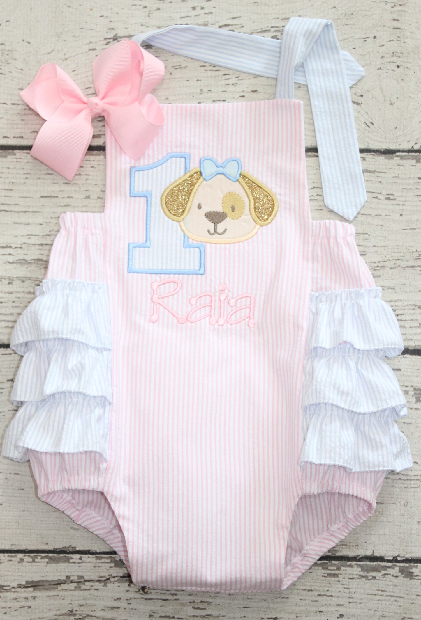 Monogrammed Puppy First Birthday Ruffle Bubble, Pink and Blue Puppy Birthday Outfit