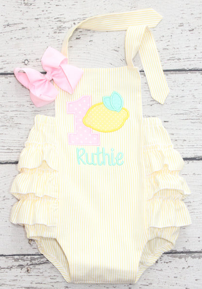 Monogrammed Lemon First Birthday Bubble, Pink Lemonade Ruffle Bubble