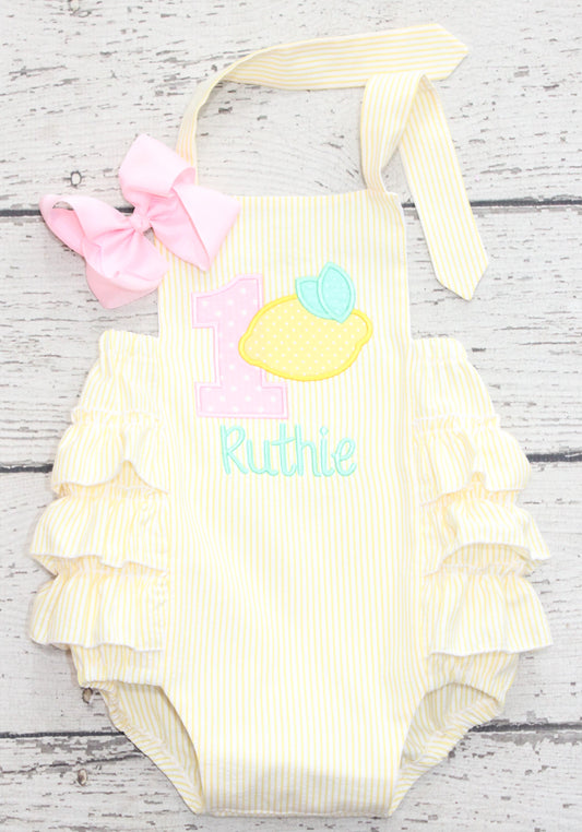 Monogrammed Lemon First Birthday Bubble, Pink Lemonade Ruffle Bubble