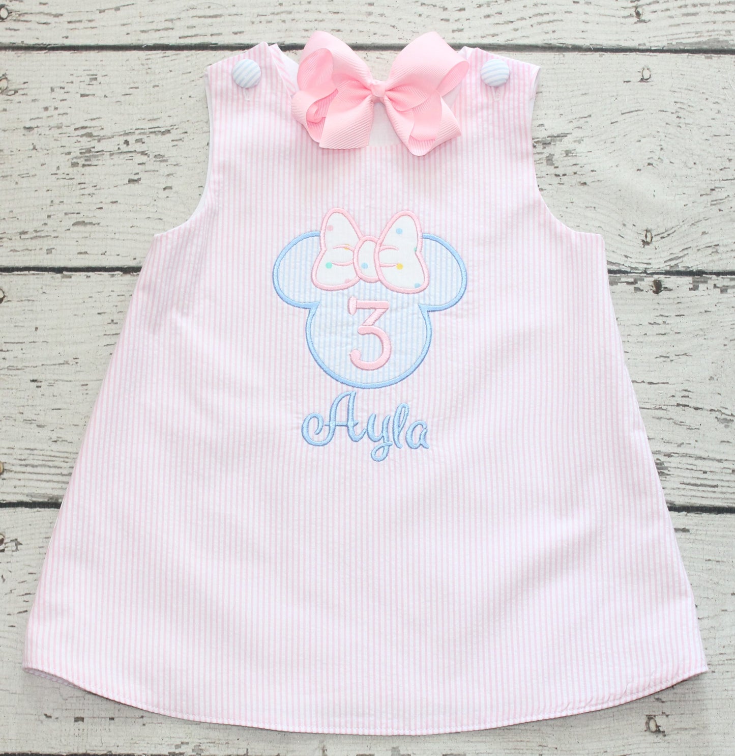 Monogrammed Birthday Minnie Dress, Pink and Blue Pastel Minnie