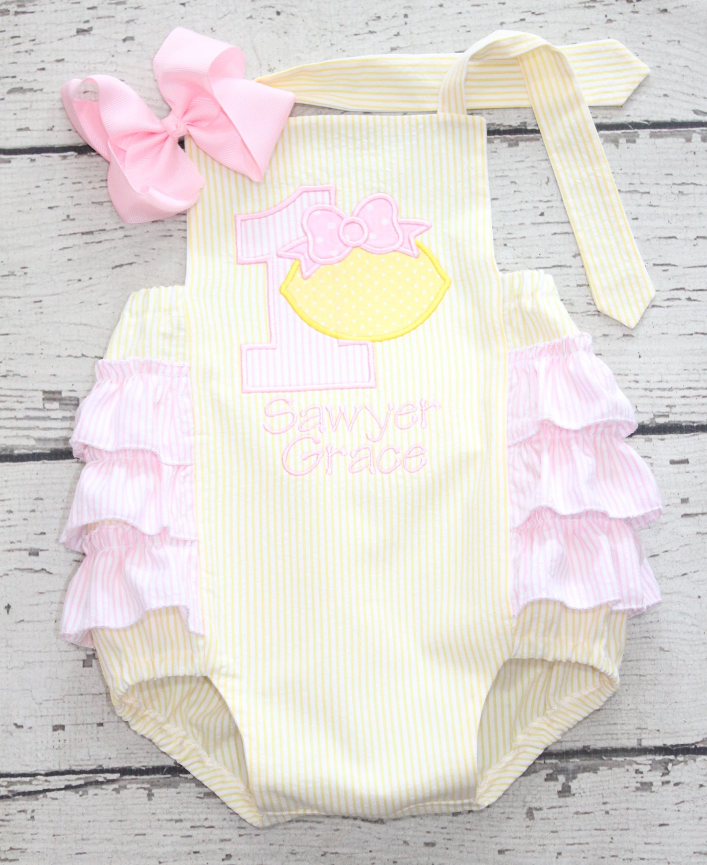 Monogrammed Lemon First Birthday Bubble, Pink Lemonade Ruffle Bubble