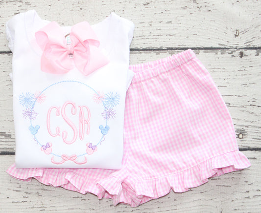 Monogrammed Pink Gingham Bloomer Set, Fireworks Disney Bloomer Set, Monogrammed Magic Kingdom Outfit