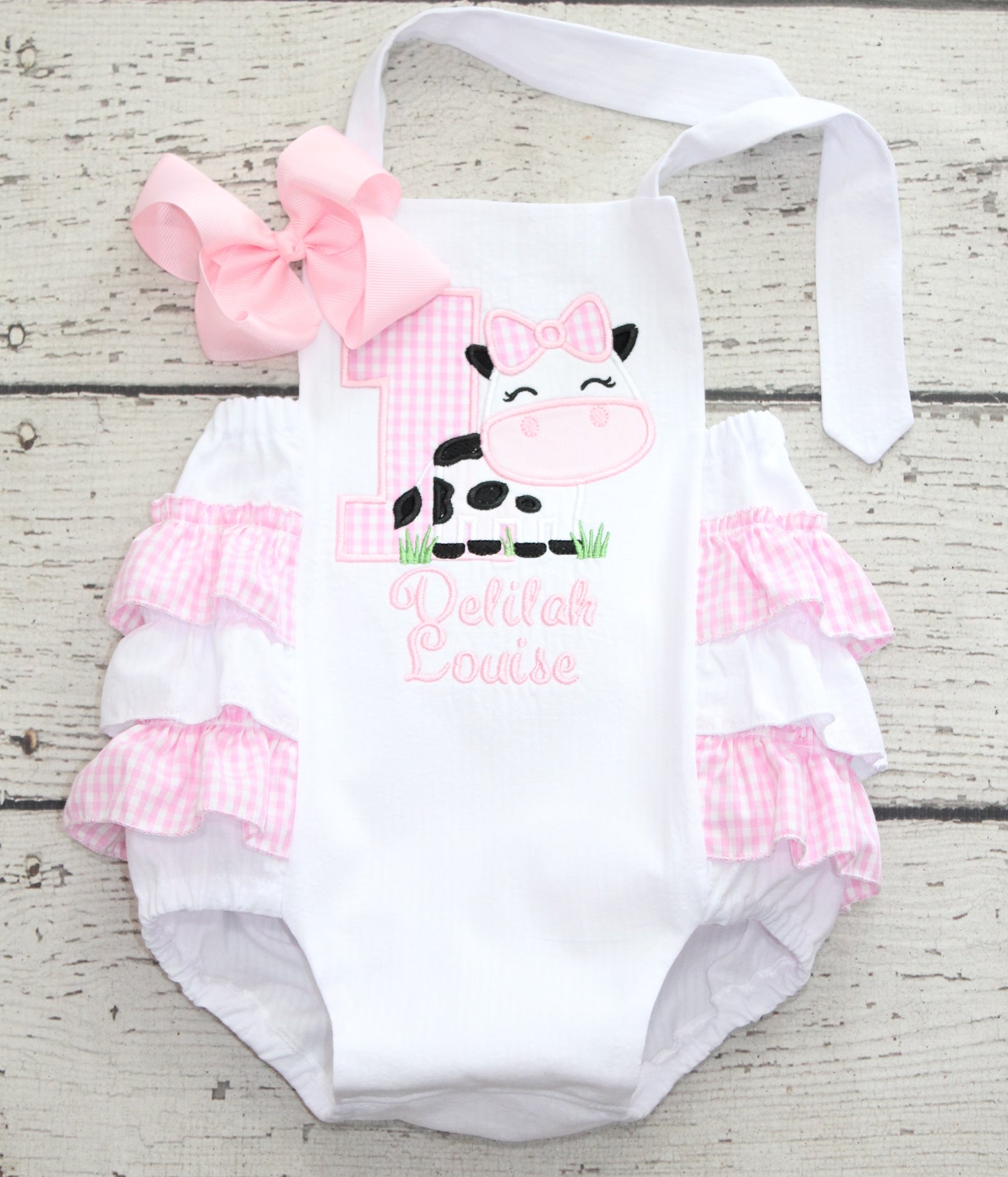 Monogrammed Cow Birthday Bubble, First Birthday Pink Farm Birthday Outfit