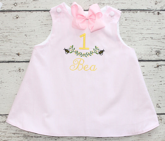 Monogrammed Pink First Birthday Bee Dress