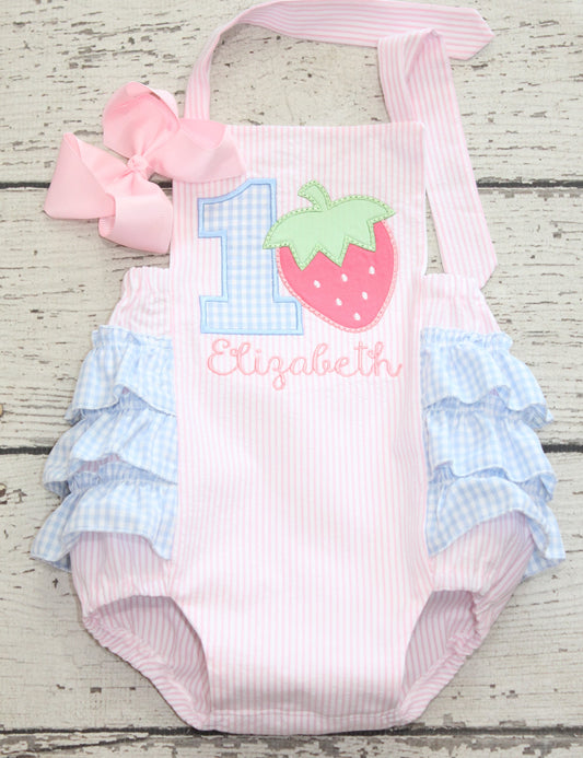 Monogrammed Strawberry Birthday Ruffle Bubble, First Birthday Berry Pink and Blue Berry Bubble