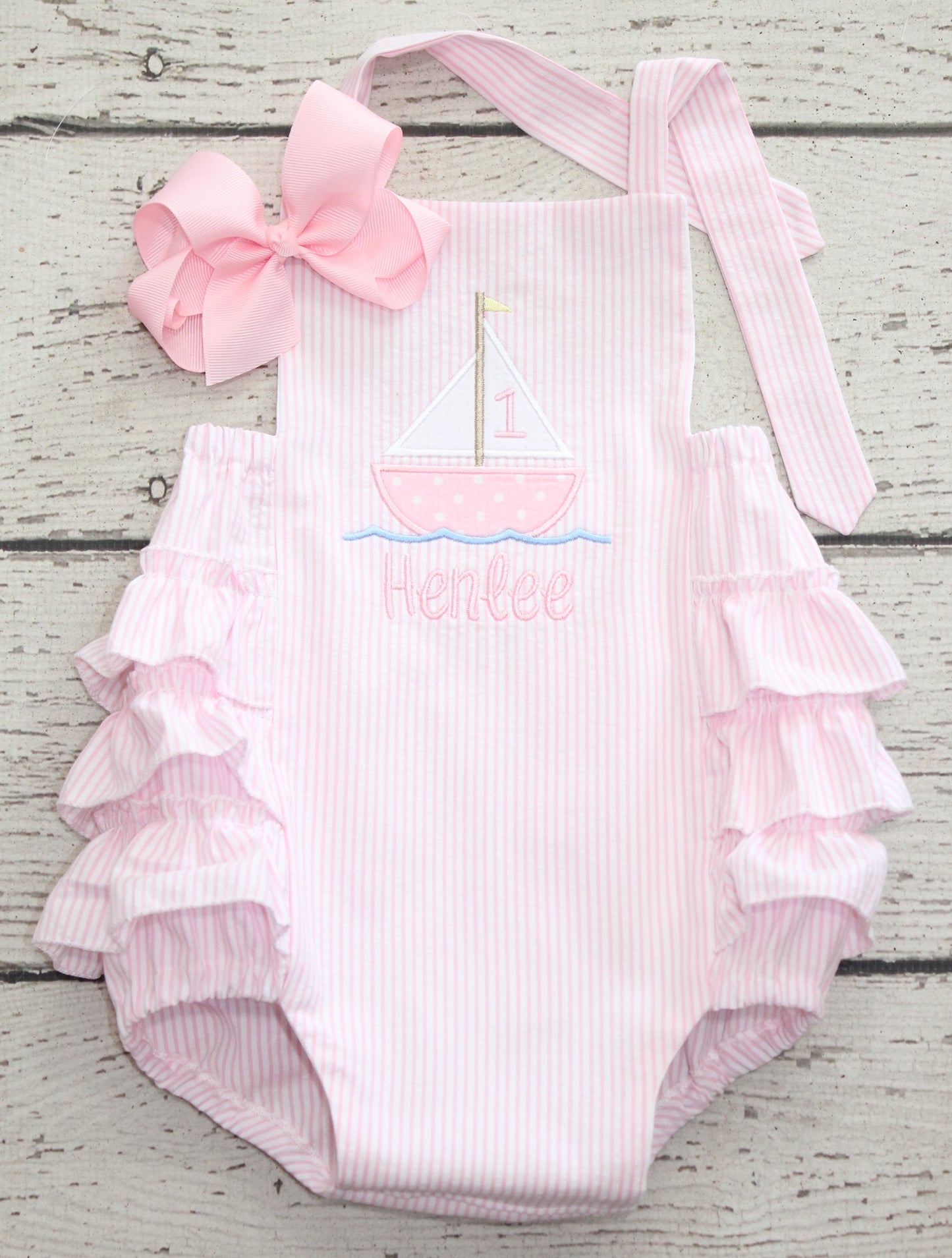 Monogrammed Sailboat First Birthday Bubble, Pink Seersucker Ruffle Bubble