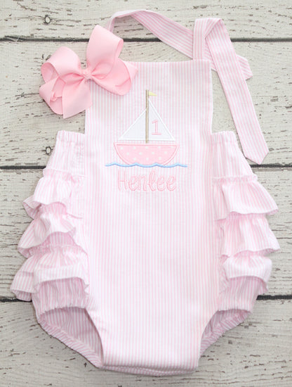 Monogrammed Sailboat First Birthday Bubble, Pink Seersucker Ruffle Bubble