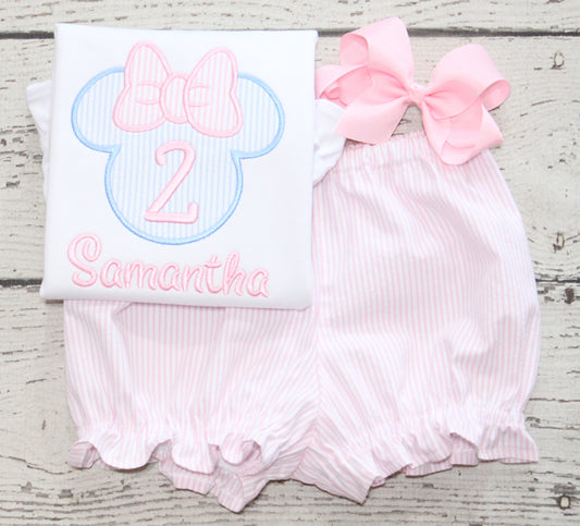 Monogrammed Minnie Bloomer Birthday Set, Pink and Blue Seersucker Minnie Outfit