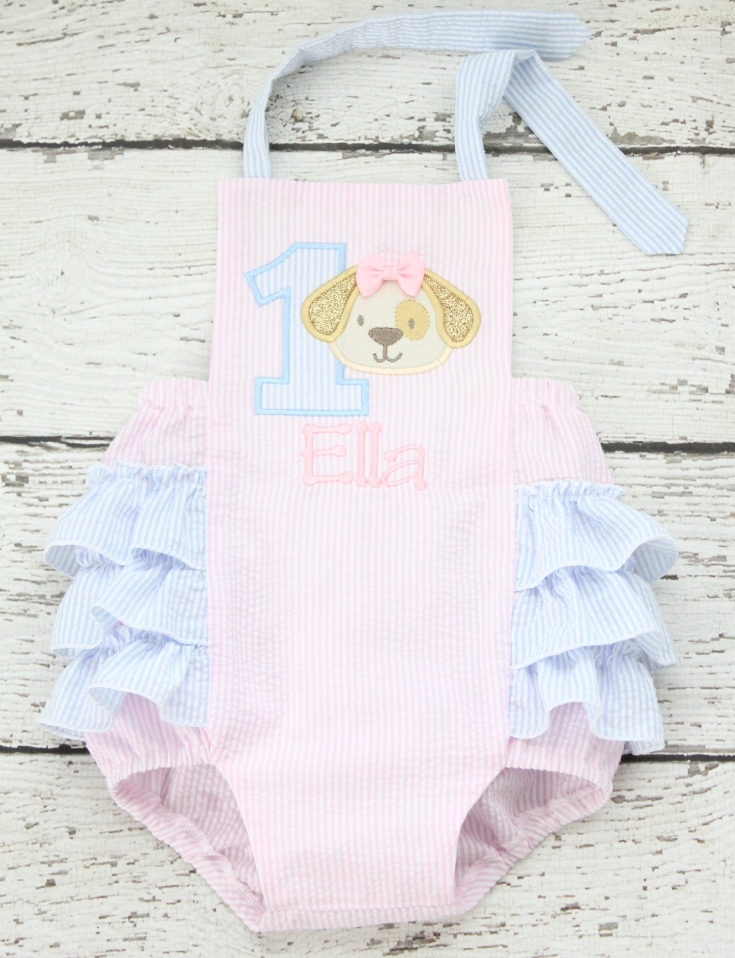 Monogrammed Puppy First Birthday Ruffle Bubble, Pink and Blue Puppy Birthday Outfit