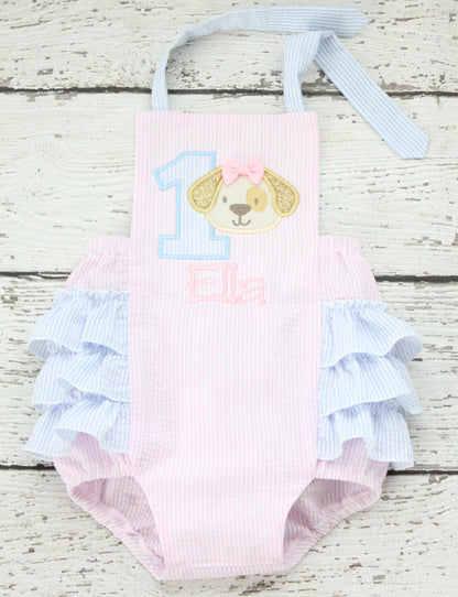 Monogrammed Puppy First Birthday Ruffle Bubble, Pink and Blue Puppy Birthday Outfit