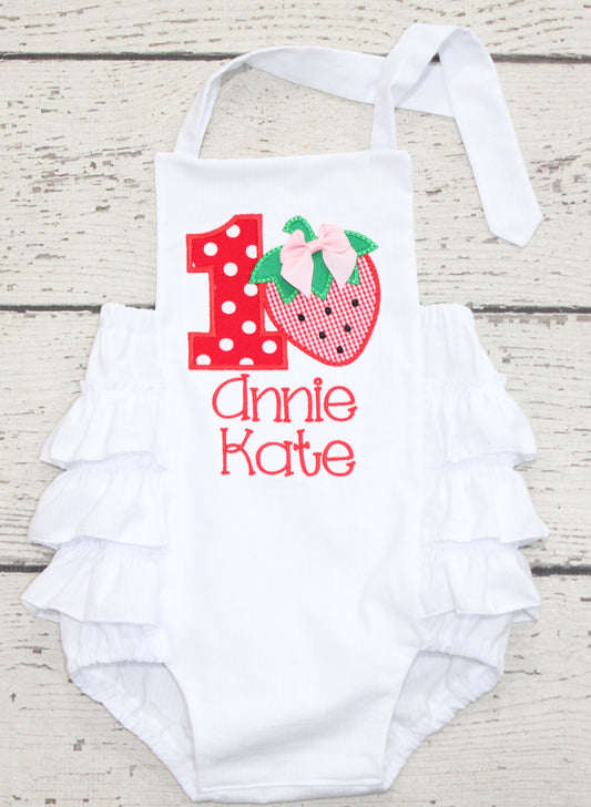 Monogrammed Strawberry Birthday Ruffle Bubble, First Birthday Berry Outfit