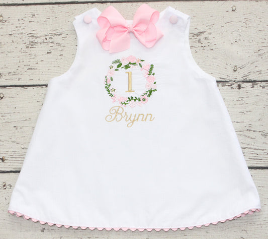 Monogrammed Floral First Birthday Dress, Pink and White Floral Birthday Dress