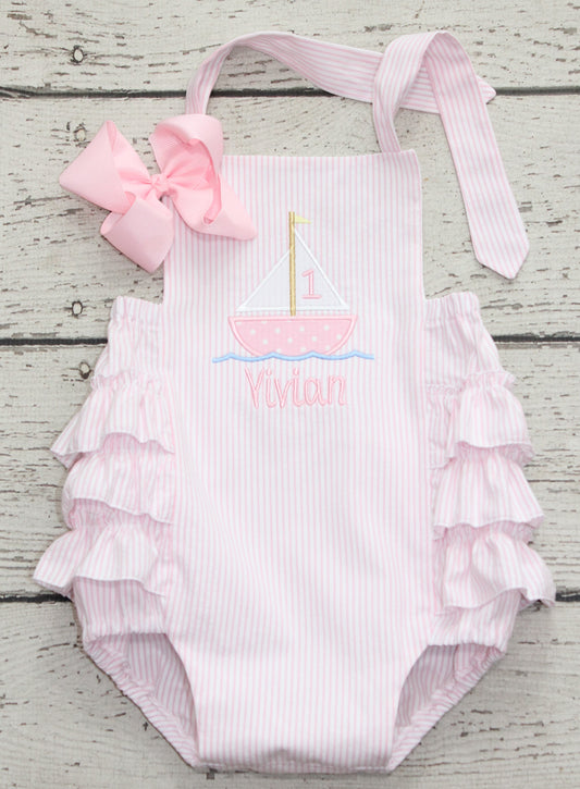 Monogrammed Sailboat First Birthday Bubble, Pink Seersucker Ruffle Bubble