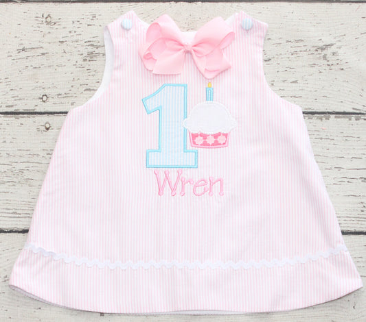 Monogrammed First Birthday Pink Cupcake Dress, Pink and Aqua Cupcake Birthday Dress