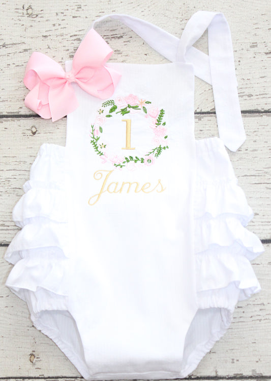 Monogrammed Floral Birthday Ruffle Bubble, First Birthday Pink and Gold Floral Outfit