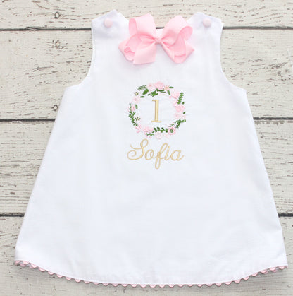 Monogrammed Floral First Birthday Dress, Pink and White Floral Birthday Dress