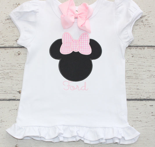 Monogrammed Classic Minnie Shirt, Monogrammed Pink Gingham Bow Minnie Birthday Ruffle Shirt