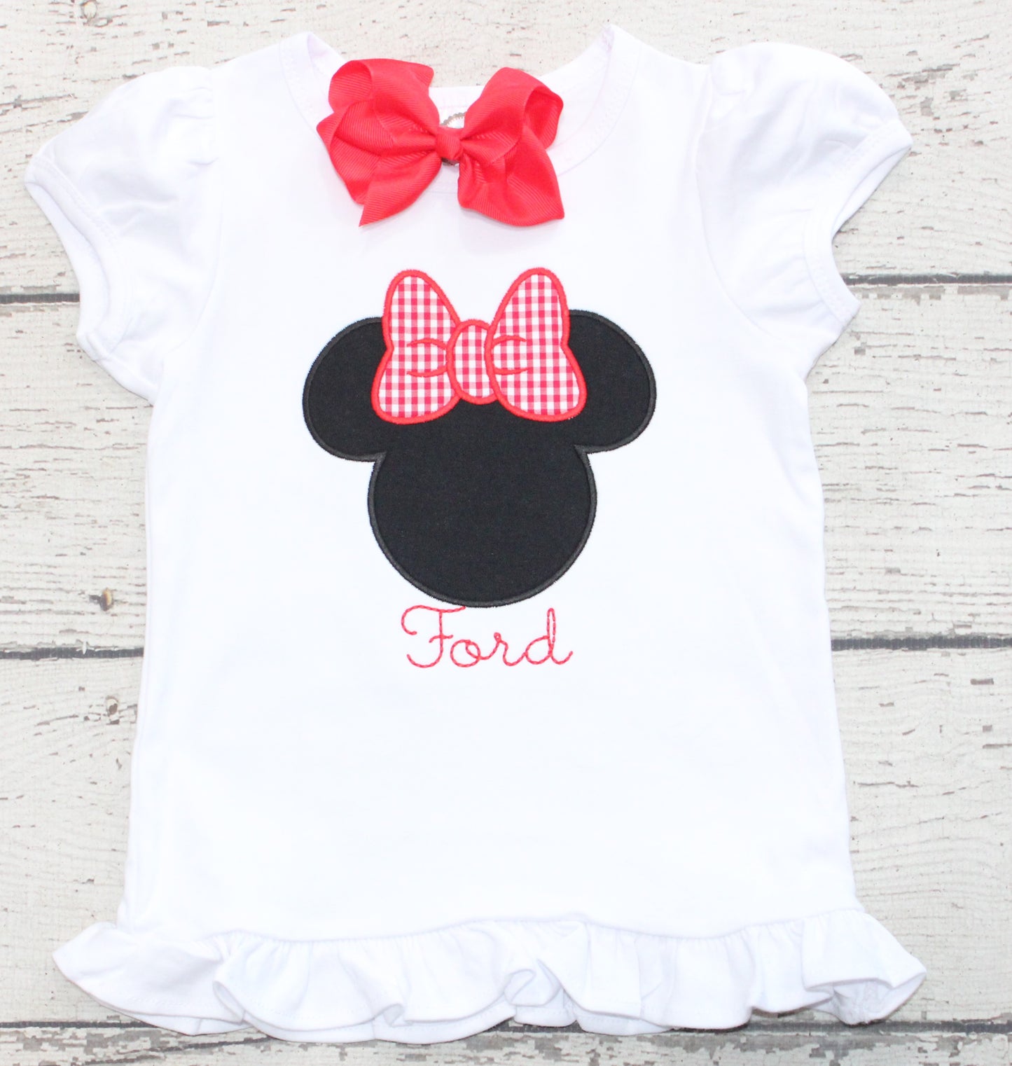 Monogrammed Classic Minnie Shirt, Monogrammed Red Gingham Bow Minnie Ruffle Shirt
