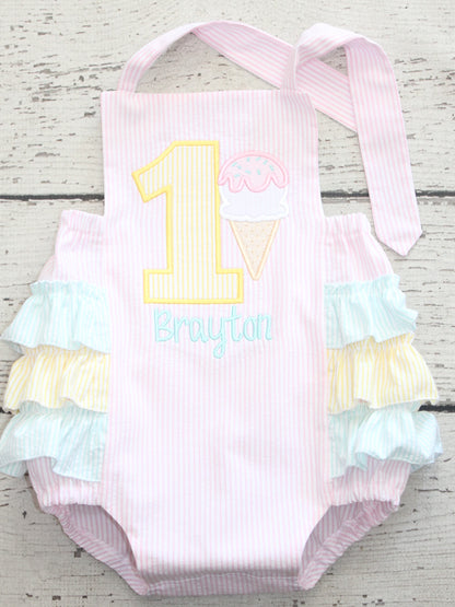 Monogrammed Ice Cream Ruffle Bubble, Pink and Mint Ice Cream Birthday Outfit