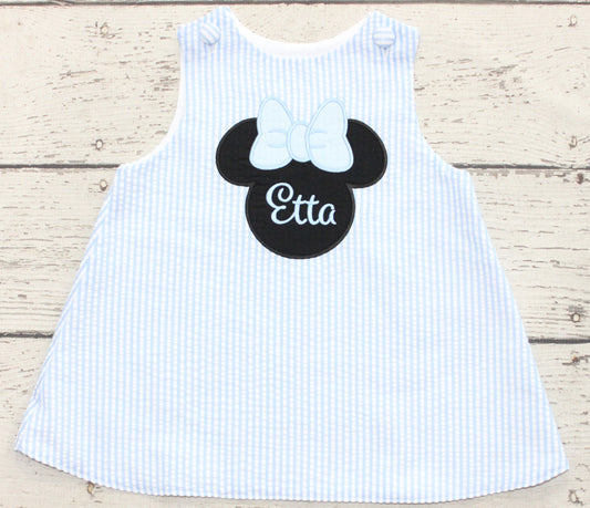 Monogrammed Birthday Minnie Dress, Blue Pastel Seersucker Minnie Outfit
