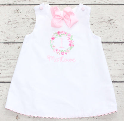 Monogrammed Pink Floral First Birthday Dress, Pink and White Floral Birthday Dress