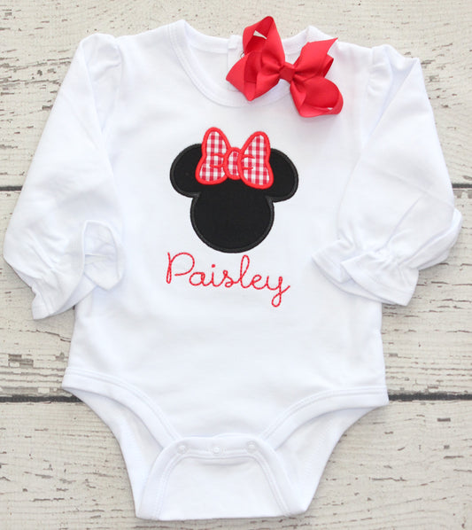 Monogrammed Classic Minnie Shirt, Monogrammed Red Gingham Bow Minnie Ruffle Shirt