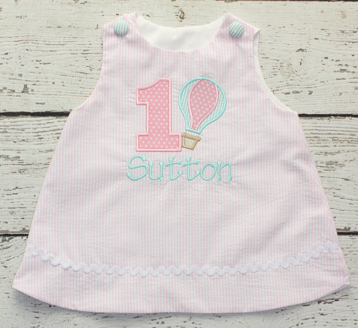 Monogrammed First Birthday Hot Air Balloon Dress, Pink and Mint Birthday Dress