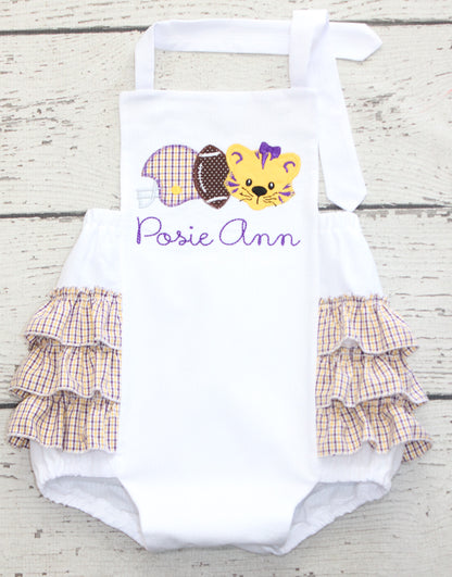 Monogrammed Purple and Gold Tiger Ruffle Bubble, LSU Girl Baby Gift