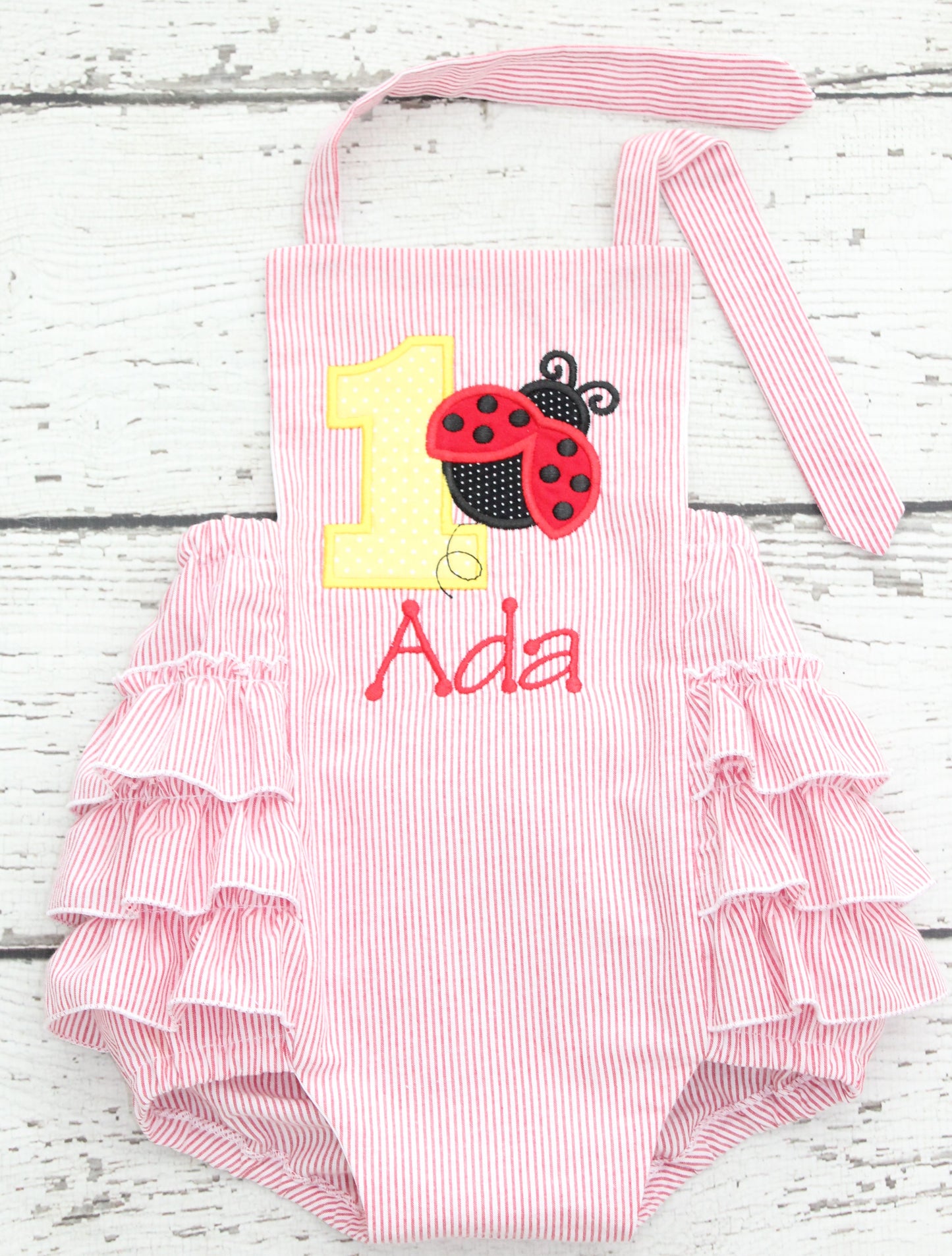 Monogrammed Lady Bug First Birthday Bubble, First Birthday Ladybug Outfit, Red Seersucker Ruffle Bubble