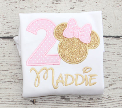 Monogrammed Pink and Gold Birthday Minnie Shirt, Monogrammed Pink Minnie Birthday Outfit