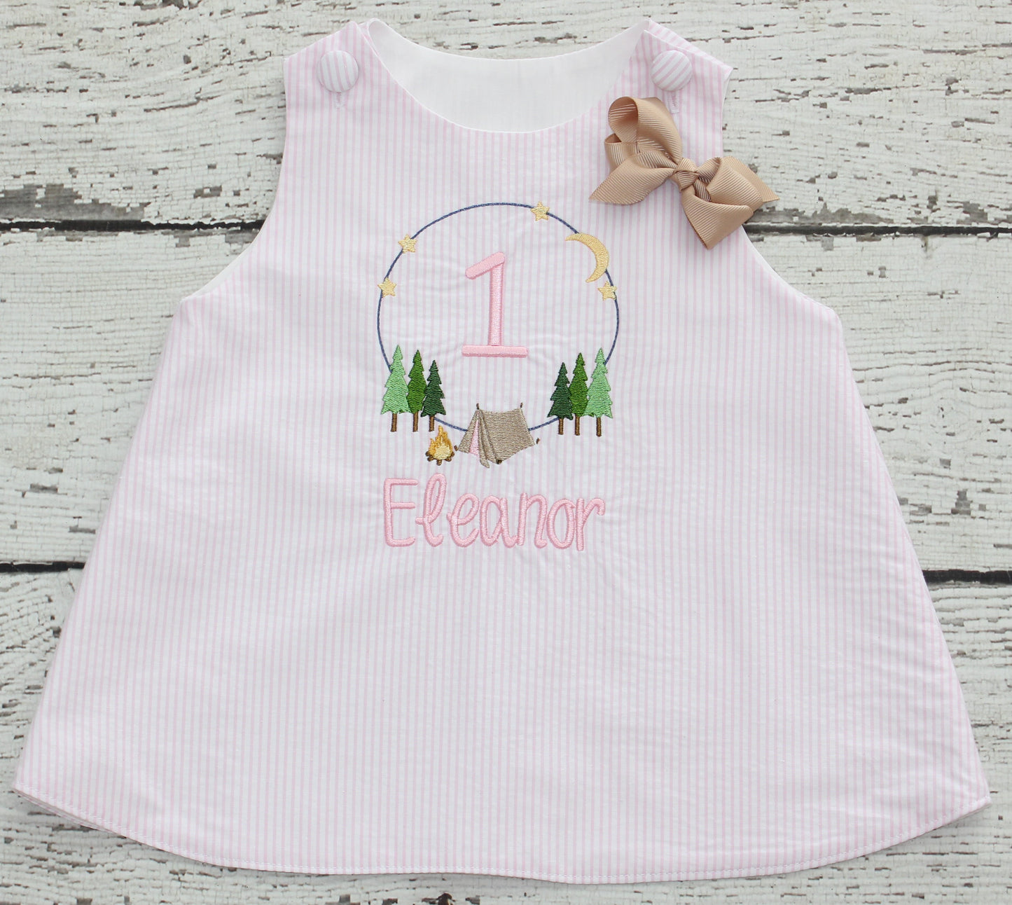 Monogrammed Woodland Birthday Dress, Monogrammed First Birthday Camping Outfit