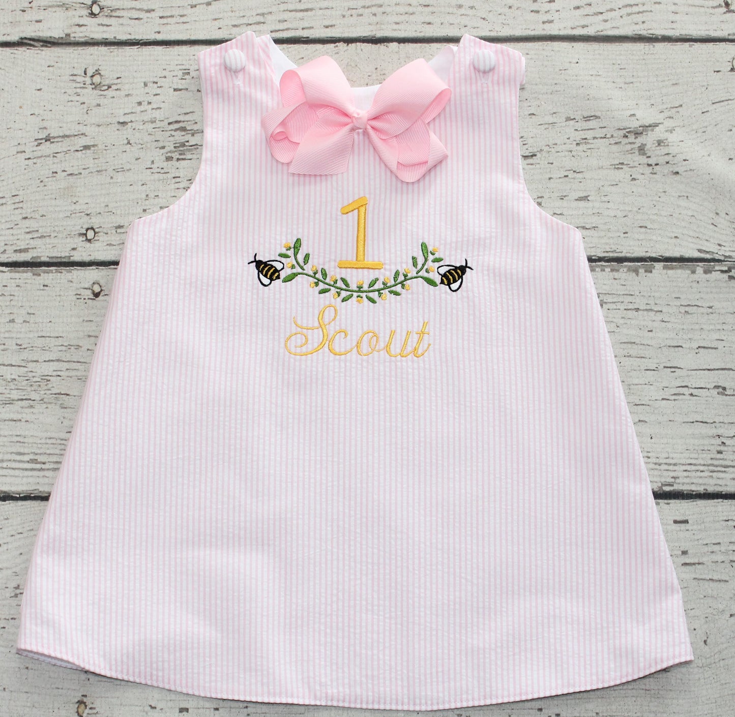 Monogrammed Pink First Birthday Bee Dress