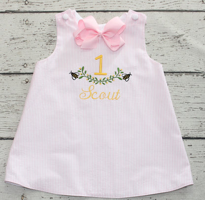 Monogrammed Pink First Birthday Bee Dress