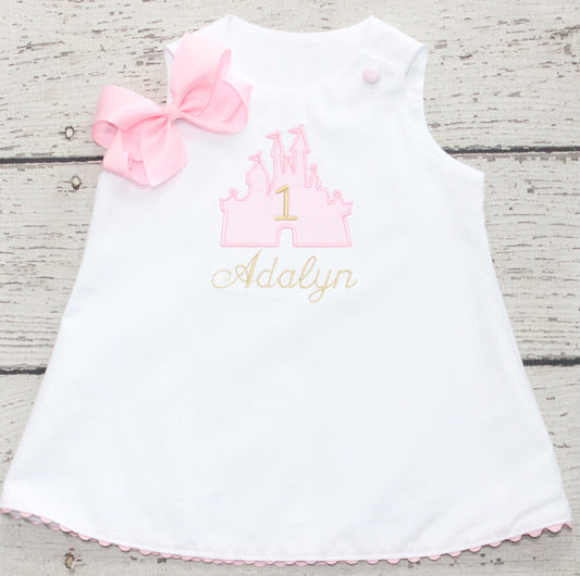 Monogrammed Pink Castle Birthday Dress, Magic Kingdom Castle First Birthday Dress