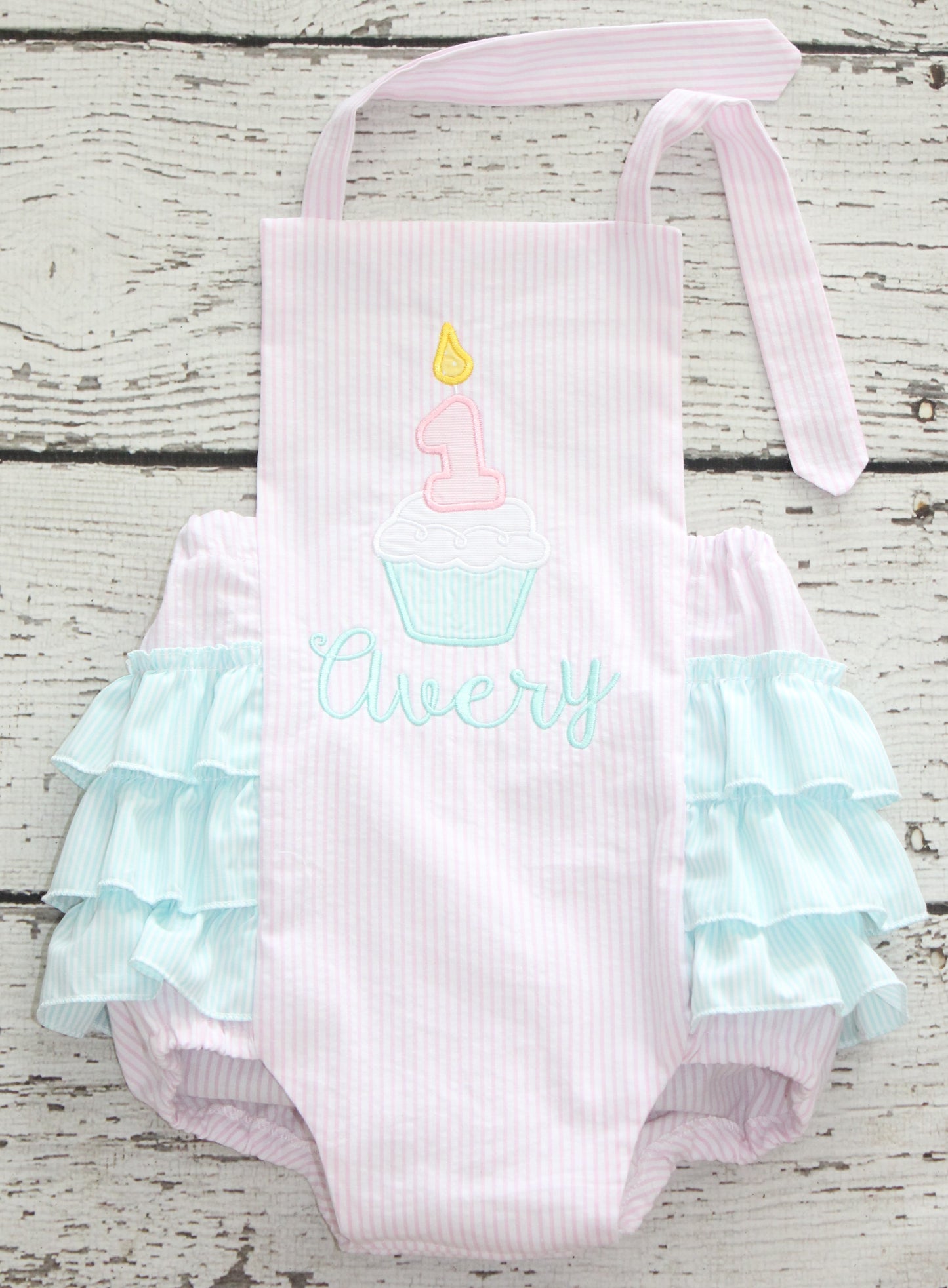 Monogrammed Cupcake Birthday Bubble, Pastel pink and mint birthday outfit