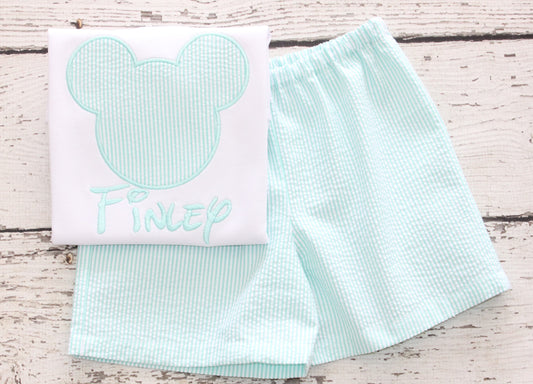 Monogrammed Mint Seersucker Mickey Shorts Set