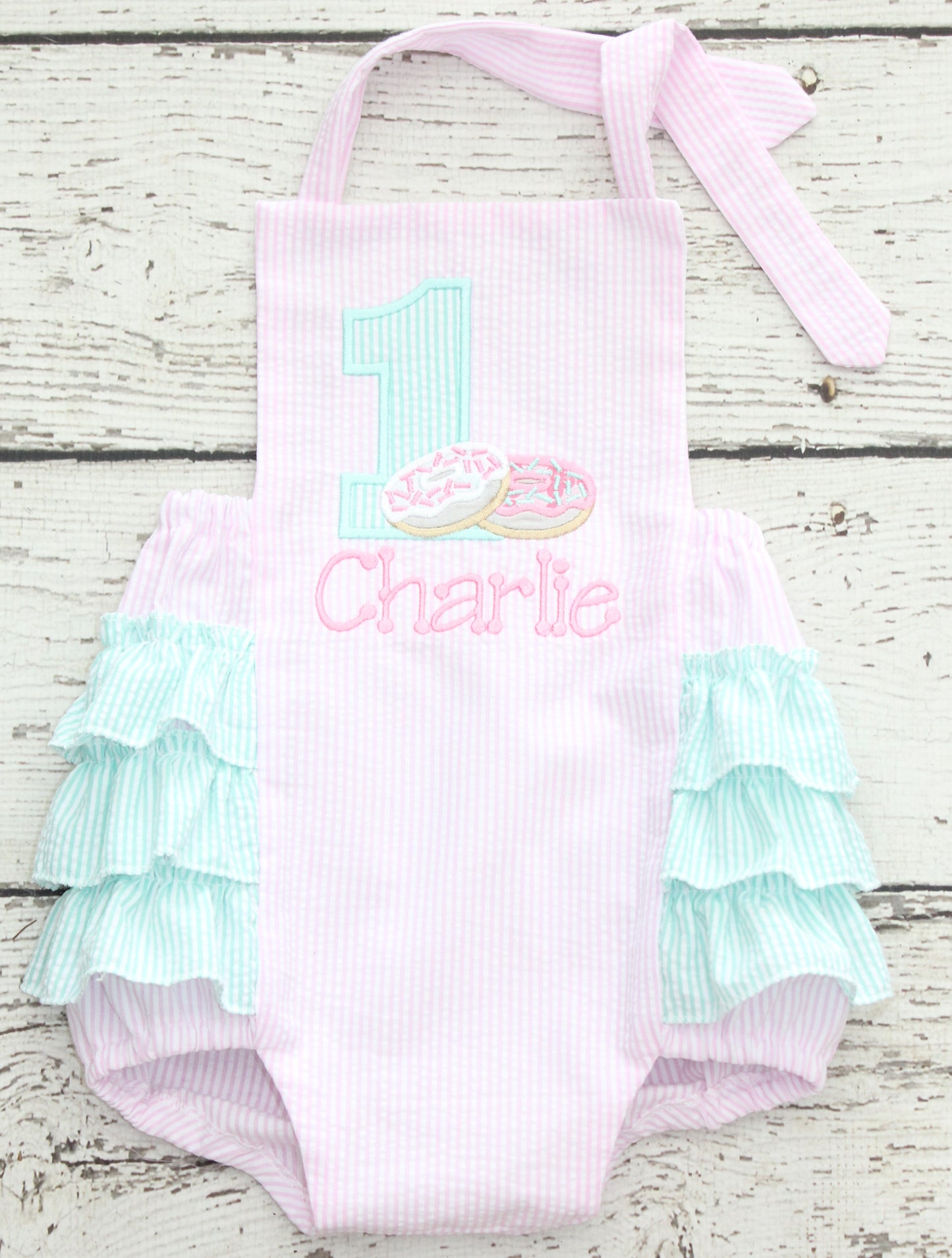 Monogrammed Donut Birthday Bubble, Pastel pink and mint birthday outfit