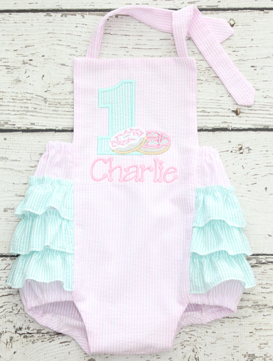 Monogrammed Donut Birthday Bubble, Pastel pink and mint birthday outfit