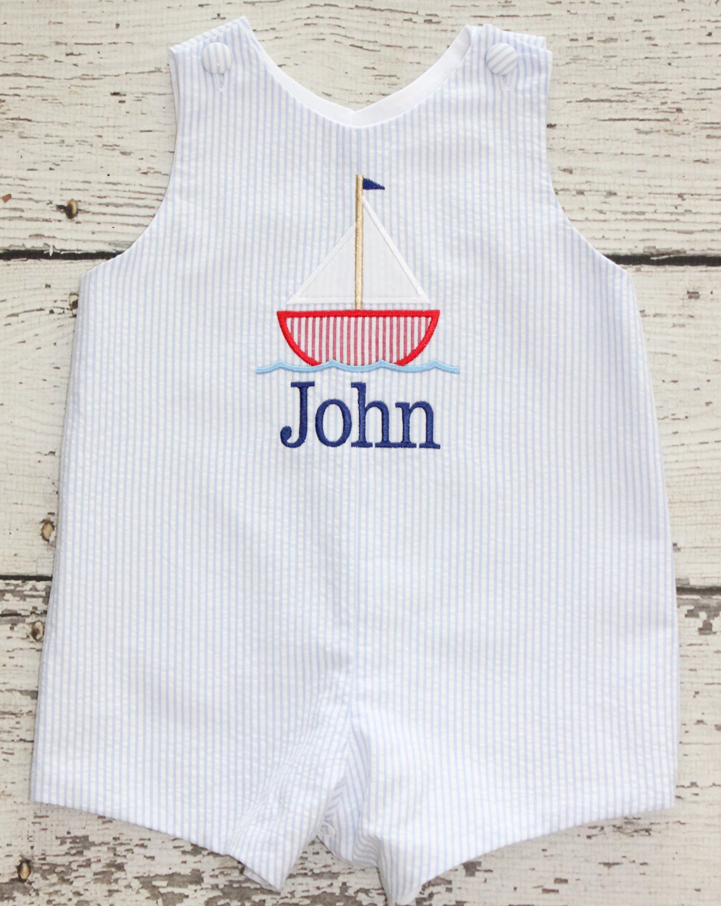 Monogrammed Sailboat Jon Jon, Red, white, and blue sailboat outfit