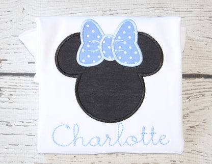 Monogrammed Classic Minnie Shirt, Monogrammed Blue Bow Minnie Birthday Ruffle Shirt