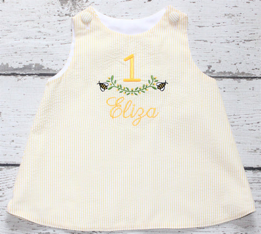 Monogrammed First Birthday Bee Dress, Yellow Seersucker Bee Birthday Outfit