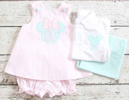 Monogrammed Minnie Bloomer Set, Pink and Mint Minnie Bloomer Set