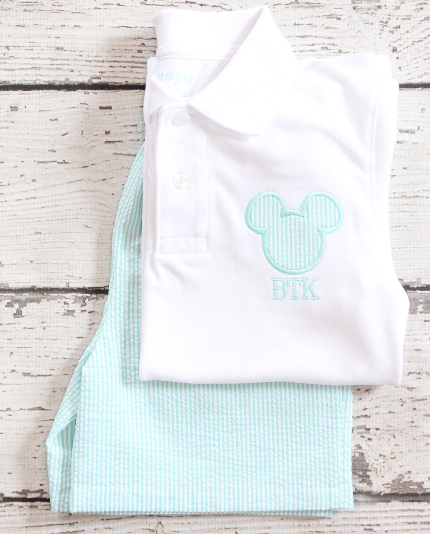 Monogrammed Mint Seersucker Mickey Polo Shorts Outfit