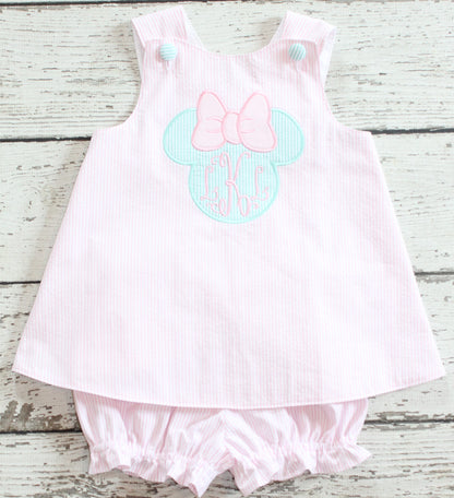 Monogrammed Minnie Bloomer Set, Pink and Mint Minnie Bloomer Set