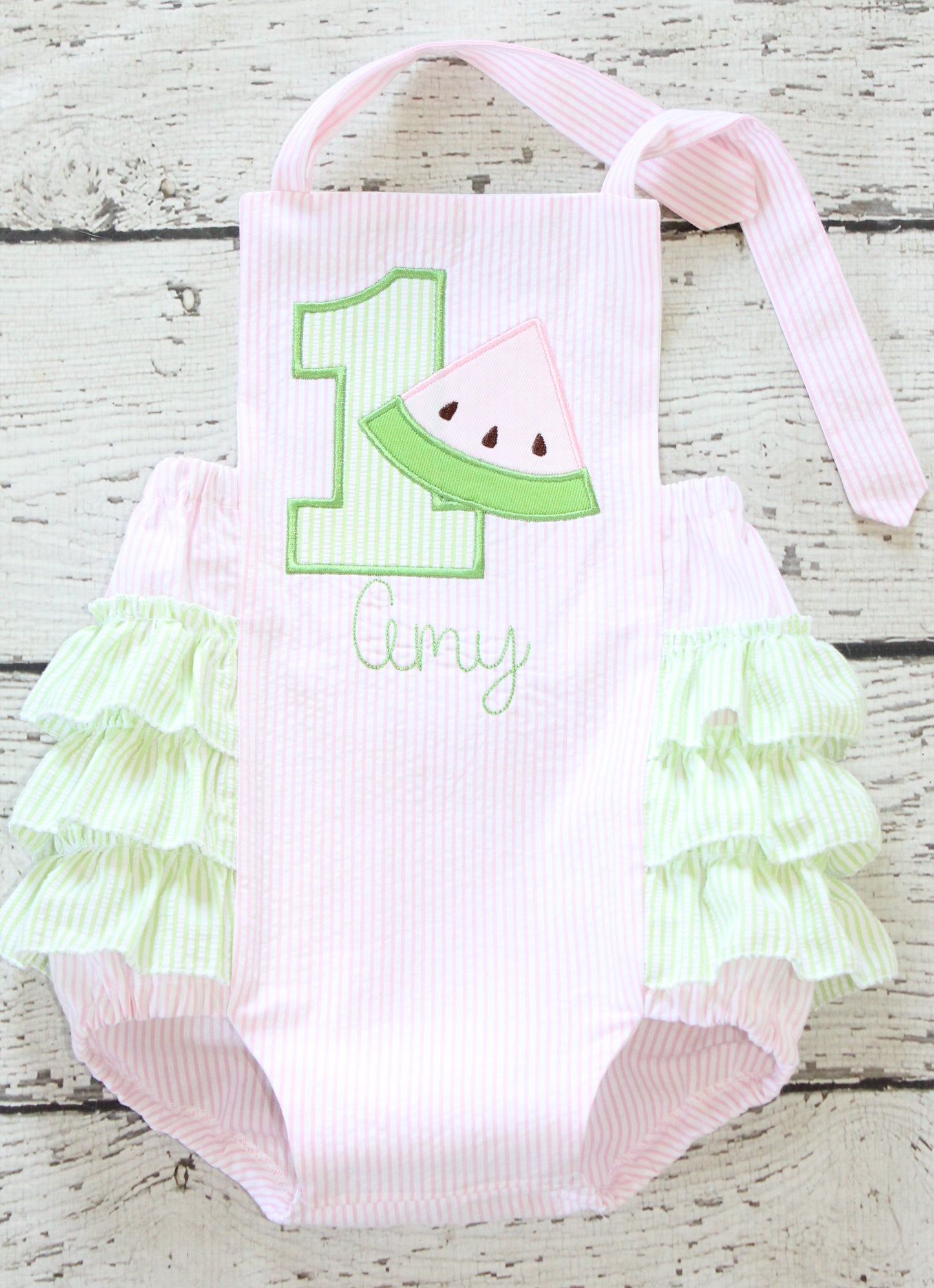 Monogrammed Watermelon Birthday Bubble, Pink and Green Watermelon First Birthday Outfit