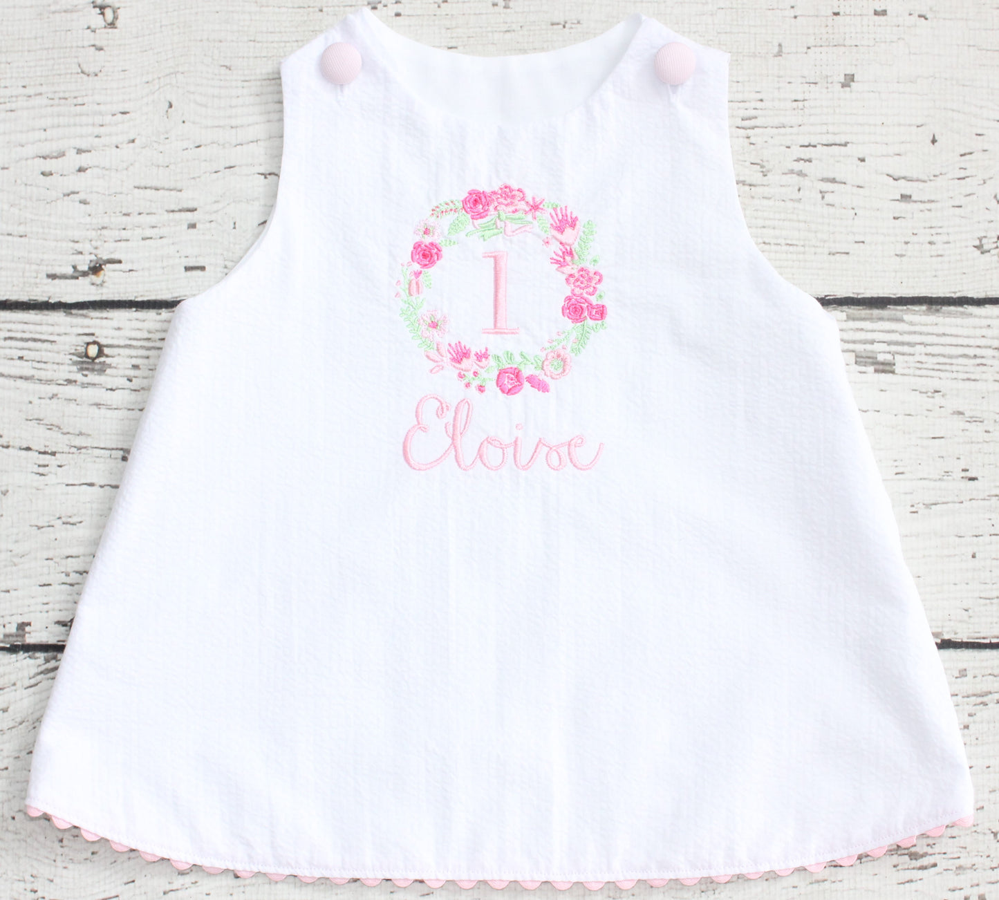 Monogrammed Pink Floral First Birthday Dress, Pink and White Floral Birthday Dress