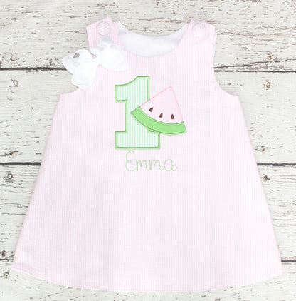 Monogrammed First Birthday Watermelon Dress, Pink First Birthday Dress